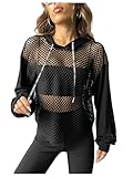 Verdusa Women's Sexy See Through Fishnet Long Sleeve Drawstring Hoodie Top Sweatshirt Black M