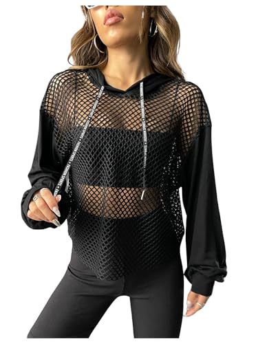 Verdusa Women's Sexy See Through Fishnet Long Sleeve Drawstring Hoodie Top Sweatshirt Black M