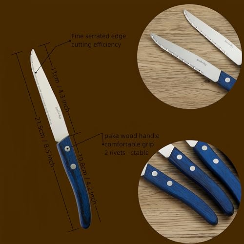 SanheKit Steak Knife Set, High Carbon Stainless Steel, Wooden Handle, Ergonomic Grip Design, Serrated Meat Knife, Sharp Table Knives (blue 12pcs with wooden box)