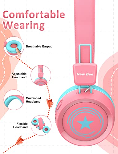 Image of New Bee Kids Headphones Wired for School with Microphone KH20 HD Stereo Safe Volume Limited 85dB /94dB Foldable Lightweight for Girl /Mac /Android /Kindle /Tablet /Pad (Pink)