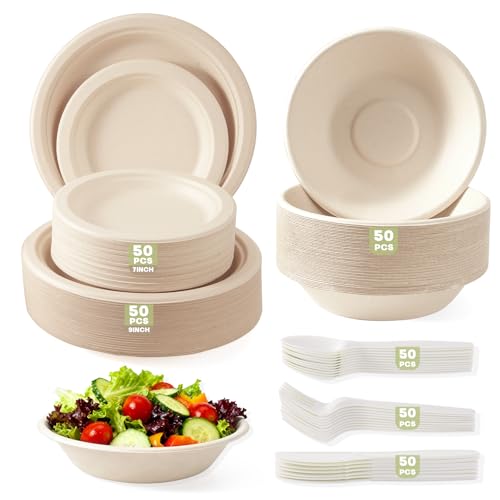 300Pcs Disposable Paper Plates and bowls Set, Compostable Sugarcane Utensils Eco Friendly Dinnerware Set Include Biodegradable Plates bowls, Forks, Knives and Spoons for Party Camping 50 People