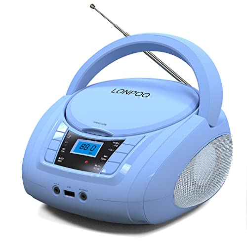 LONPOO Portable Boombox – CD Player, Bluetooth, USB, MP3, AUX, FM Radio, Portable, Built-in Stereo Speakers, Carrying Handle, LCD Display, Blue