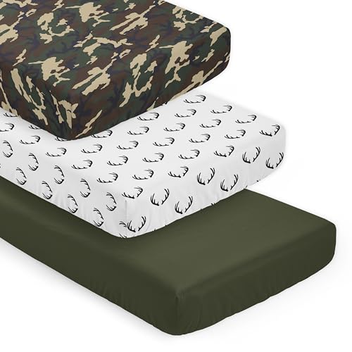 Image of Sweet Jojo Designs 3-Piece Baby Crib Sheets Set (Woodland Camo Deer) for Boys, Infant Nursery, Toddler Room - Fitted, Standard Size (Solid Green, White /Black Antler & Forest, Rustic Beige /Black Plaid)