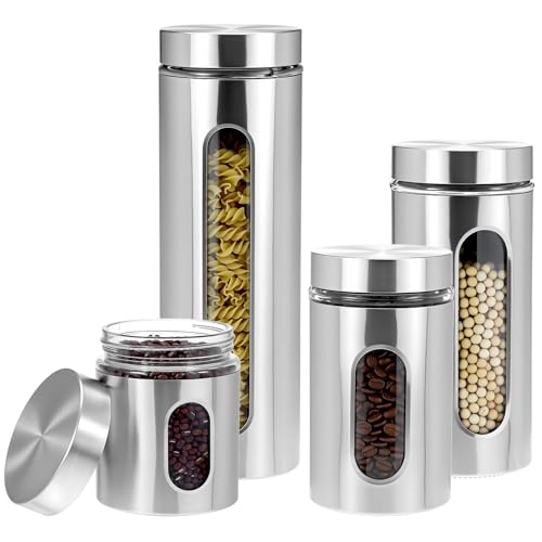 Image of QWORK 4pc Stainless Steel Canister Set with Airtight Lids and Glass Window - Food Storage Containers for Kitchen Counter & Pantry Organization