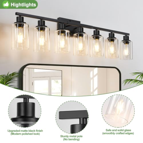 Image of Indoi 7-Light Bathroom Light Fixtures, Matte Black Modern Vanity Lights with Clear Glass Shades, Bathroom Wall Lamp for Mirror Living Room Cabinet Bedroom Porch
