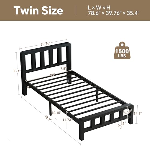 Image of Twin Size Metal Platform Bed Frame with Movable USB Charging Ports | 1500 Lbs Heavy Duty Noise-Free Steel Slats, 10 inch Under Bed Storage, Thickened Vertical Slatted Headboard, for Teens Dorm Adult