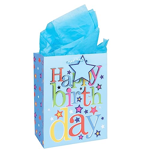 Image of SUSNUAN Happy Birthday Gift Bag, Blue Gift Bags with 2 Tissue, Medium Paper Gift Bags with Twist Handles, Birthday Gift Bag for Girl Boy Women Female (180x100x230mm), 1.0 count, Pack of 1