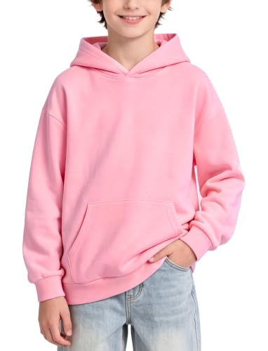 PATPAT Pink Hooded Sweatshirts for Boy Size 13-14 Years Fashion Long Sleeve Pocket Pullover Hoodie Solid Casual Basic Clothes Teen Boys Fall Winter Tops