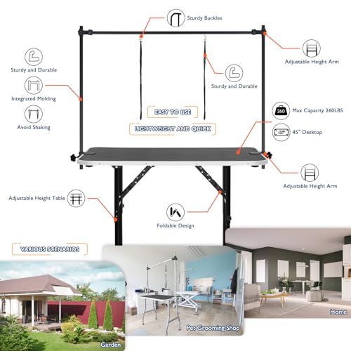 Image of LEIBOU 45'' Height Adjustable(23''~33.8'') and Foldable Pet Dog Grooming Table Heavy Duty Iron Frame with H-Shape Grooming Arm & Noose, Maximum Capacity Up to 260lbs, Black