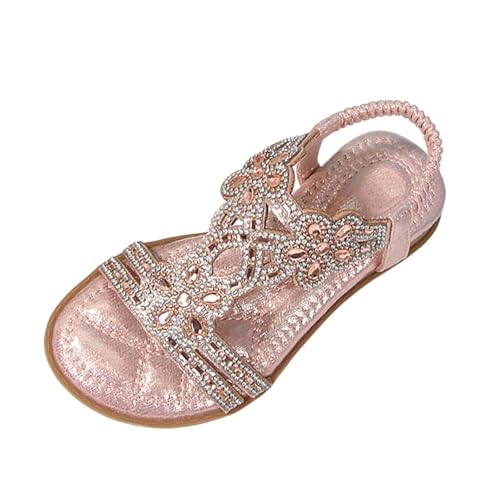 Girls Bohemian Rhinestone Flats Open Toe Crystal Sandals with Elastic Ankle Strap Kids Wedding Part𝘆 Sandals - Main Image
