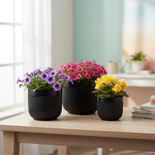 Image of Xtore Ceramic Ribbed Planter Set with Matte Finish | Minimalist Design | for Home, Office, Balcony & Living Room Decor - (Set of 3, Black)
