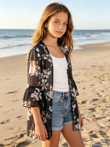 Image of GORLYA Girl's Floral Print Chiffon Beach Cardigan Cover ups Kids Casual Kimono Capes Swimsuit Wraps