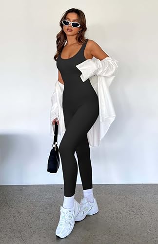 RXRXCOCO Gerippte Ärmellos Jumpsuits Damen Lang Eng Tank Rückenfreie Padded Einteiler Bauchweg Sport Yoga Overall Romper Schwarz M