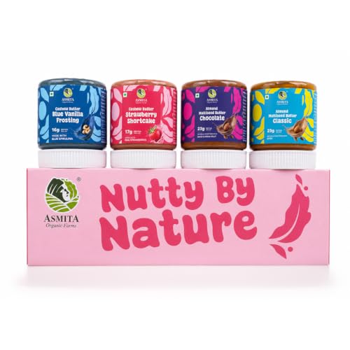 Image of Asmita Organic Farms Nut Butters Tasting Pack | Made with Multi-Seeds & Avocado Oil | High-Protein Spread| (Classic Almond, Chocolate, Strawberry Shortcake, Blue Vanilla Frosting) | 100g Each Jar