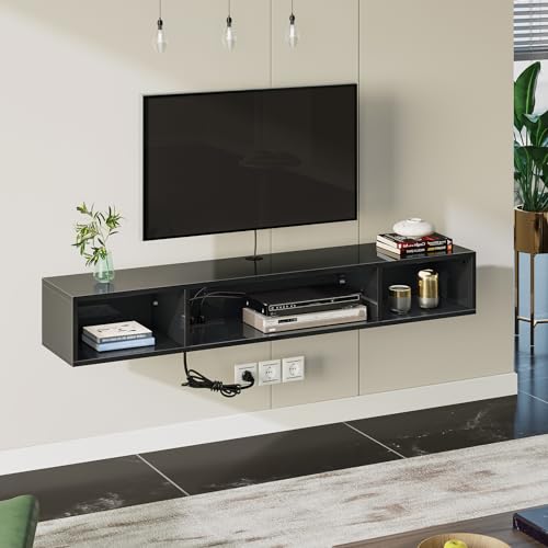 Image of Rolanstar TV Stand with Power Outlet, Floating TV Stand with RGB Lights, 55.1 inch Wall Mounted TV Shelf, Glossy Black Media Console with Storage Shelf, Entertainment Under TV for Living Room, Bedroom