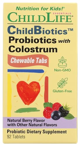 CHILDLIFE ESSENTIALS ChildBiotics Probiotics with Colostrum - Kids Probiotic Chewables, All-Natural, Non-GMO, Gluten-Free - Natural Mixed Berry Flavor, 92 Chewable Tablets