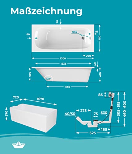 Acryl-Badewanne Calmwaters Premium Komplettset 170×75 cm