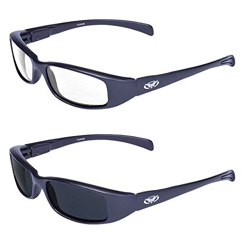 Global Vision 2 Pair New Attitude Black Sport Motorcycle Riding Sunglasses 1 with Clear Lens and 1 with Super Dark Lens