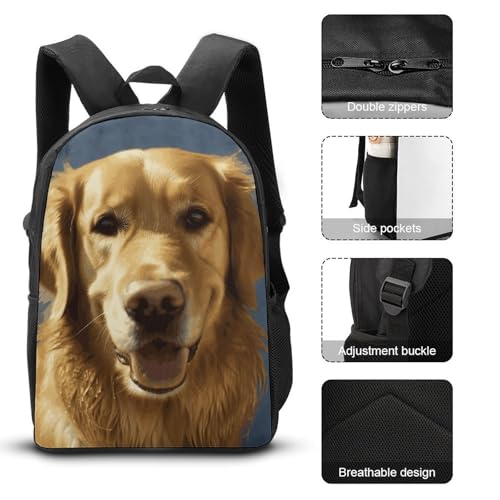 3 Piece Backpack for Women Men Lightweight Causal Daypack Shoulder Bag Set with Insulated Lunch Bag And Pencil Case Organizers Golden Dog3
