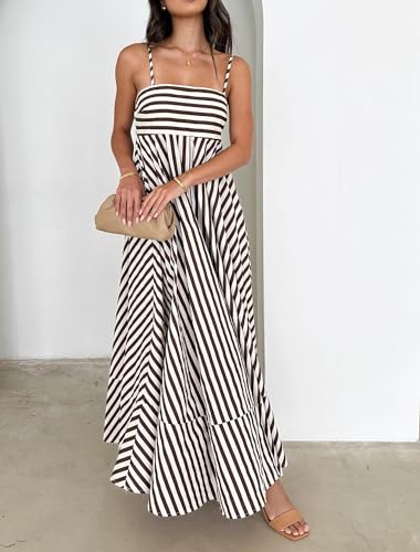 KMBANGI Women Striped Sleeveless Maxi Dress Swing Cutout Midi Dress Backless Smocked Spaghetti Strap Boho Flowy Long Sundress(Brown Stripes,M)