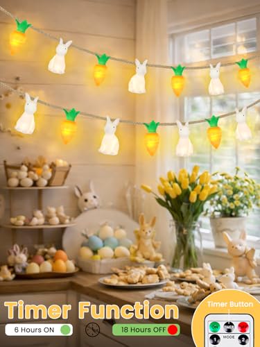 Image of YIQU Easter Decoration String Lights, 10FT 12LED Bunny Carrot Mantel Garland Battery Operated with Remote Timer 8 Modes, Hemp Rope Banner for Fireplace Table Wall Spring Party Indoor Outdoor Decor