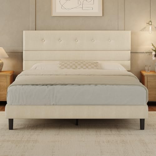GRUSIGN Queen Size Bed Frame with Linen Fabric Headboard, Adjusta...