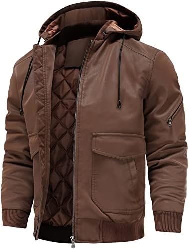 UNTMENU Men's Faux Leather Jacket Waterproof Windproof PU Zip-Up Fall Winter Vintage Motorcycle Bomber Biker Jacket With Removable Hood, Brown L