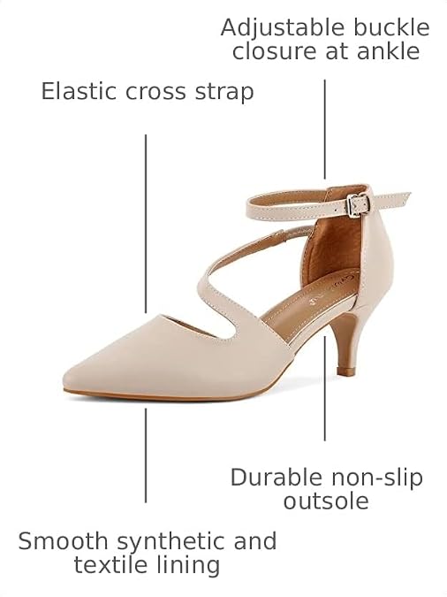 Greatonu Women's Low Heeled Closed Pointed Toe Pumps Kitten Heel Cross Strap Wedding Bridal Party Office Dress Shoes