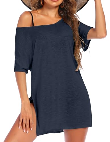 Ekouaer Swimsuit Cover Ups for Women Semi-Sheer Beach Cover Ups Off Shoulder Cover Ups for Swimwear Beach Wear Navy Blue L