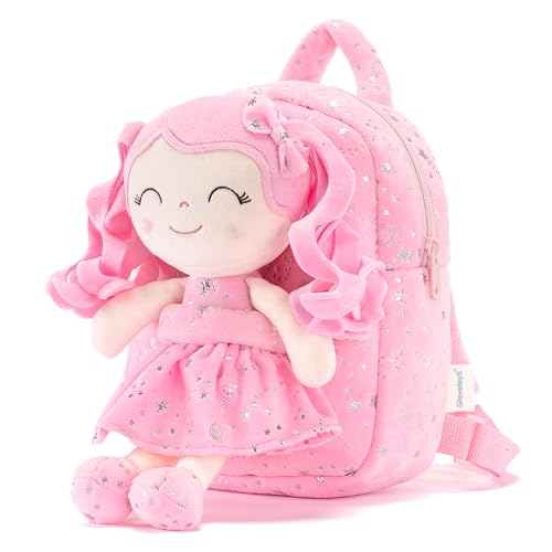 Image of Gloveleya Kids Backpack Toddler Girl Gift Plush Curly Hair Doll Backpack with Glittery Pink Dress and Star Accents 9''