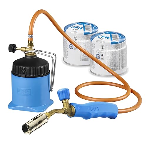 CFH - CFH Lötmeister LM 3000 Chalumeau à souder avec 2 cartouches et tuyau de gaz de 1,5 m - Appareil de soudage à gaz pour brasage tendre et brasage dur, flamme réglable en continu