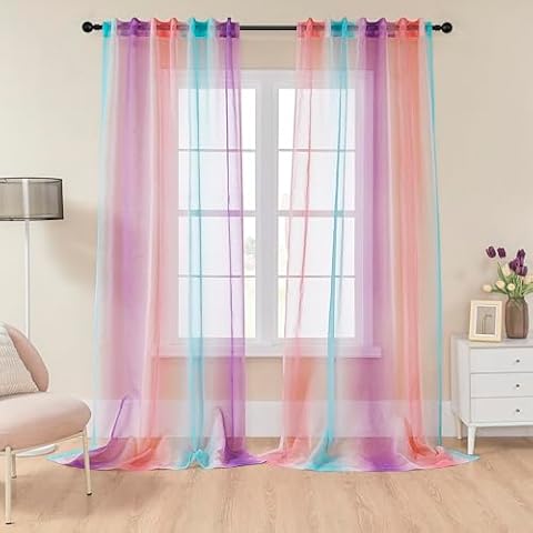 XiDi Ombre Sheer Curtains for Girl Bedroom Decor,Pink Purple and Blue Curtains for Girls Room Decorations Mermaid and Pink 96 Inch Length 2 Panels Cover