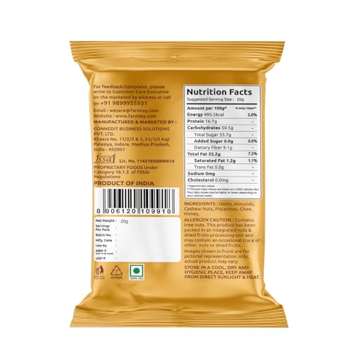 Image of Farmley Date Bites I Dates Barfi Made with Dates, Pista, Cashews, Almonds, Honey and Pure Ghee I Dry Fruits Nuts, Healthy Snacks Sweets,Gluten Free, No Added Sugar 20 g (Pack of 1), Classic Date Bites