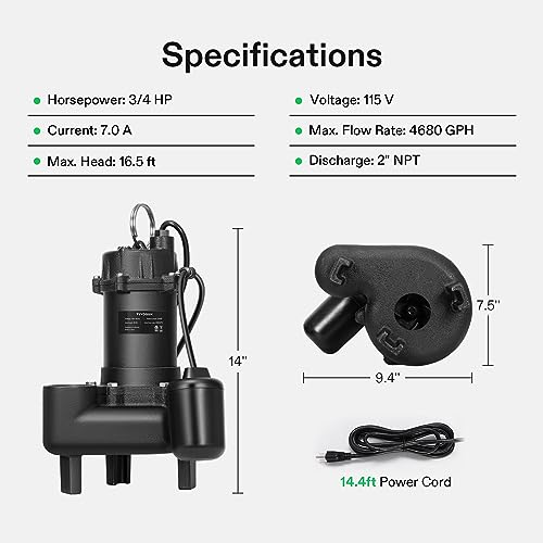 Image of VIVOSUN 3 /4HP Submersible Sewage /Effluent Pump, 4680 GPH, Cast Iron Sump Pump with Automatic Adjustable Float Switch & 2'' NPT discharge, Perfect for Sewage System, Septic Tank, Basement