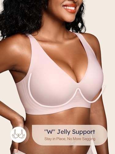 Image of Wireless Bras for Small Breasted Women - S-L Deep-V Jelly Seamless Bralette, Comfortable Padded T-Shirt Bra No Underwire Pink L