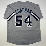 Autographed/Signed Aroldis Chapman New York Grey Baseball Jersey Beckett BAS COA