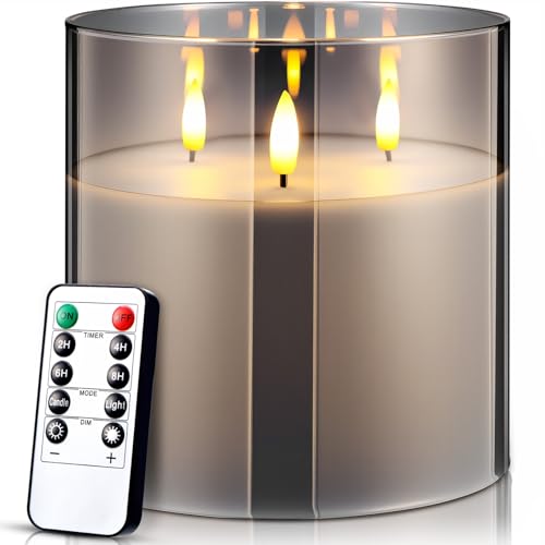 Image of Retisee 6'' x 6'' Extra Large Flameless Candles, 3 Wick Glass Large Fall Candles with Remote Control and Timer Function, Real Wax LED Pillar Flickering for Autumn Party Decor(Classic,Gray,1 Pcs)