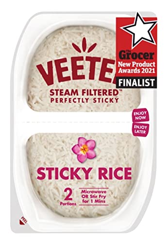 VEETEE Microwavable Sticky Rice Twin Pot, Quick Cook Cupboard Food, Low Sodium, Wheat-Free, No Artificial Colours, Flavours or Preservatives, 260 g (Pack of 6)