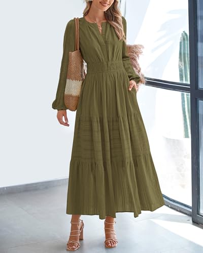 BTFBM Fall Dresses for Women 2025 Casual Long Sleeve V Neck Elastic Waist Lightweight Maxi Wedding Guest Dress Pockets