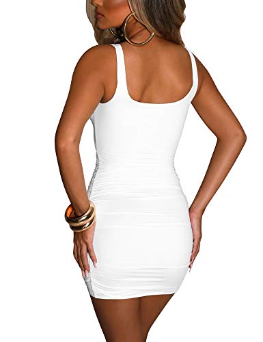 Kaximil Women's Sexy Bodycon Sleeveless Cut Out Ruched Tank Mini Club Party Dresses, Medium, White #TOP3