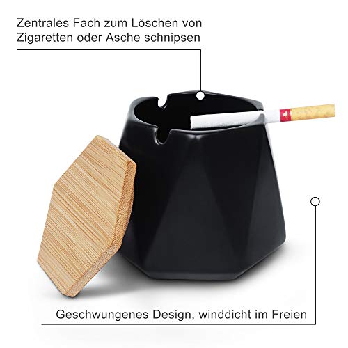 ONEDERZ Asbak voor buiten met deksel, keramische windasbak, geurdicht, stormasbak voor thuiskantoor, decoratie (zwart) - Image 6
