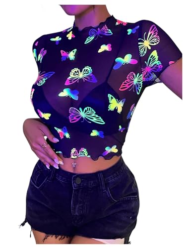 SHENHE Women's Sheer Mesh Reflective Rave Top Y2k Butterfly Round Neck Short Sleeve Crop Top3