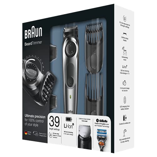 Braun BT7040 Regolabarba Uomo Elettrico, Tagliacapelli, Rifinitore di Precisione e Mini Rasoio a Lamina, Lame Affilate in Metallo, Rasoio Gillette Fusion5 ProGlide, Base di Ricarica, Nero/Grigio