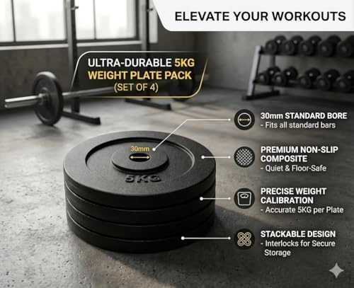 Image of Cast Iron Weight Plates for Home Gym (Centre Hole 30mm)- Standard Gym Plates for Strength Training, Durable & Rust-Resistant, Multiple Weight Options | From the House of Healthycliq | Sedex Certified | Bodybuilding Fitness And Core Fitness (20KG (5KG X 4), Cast Iron)