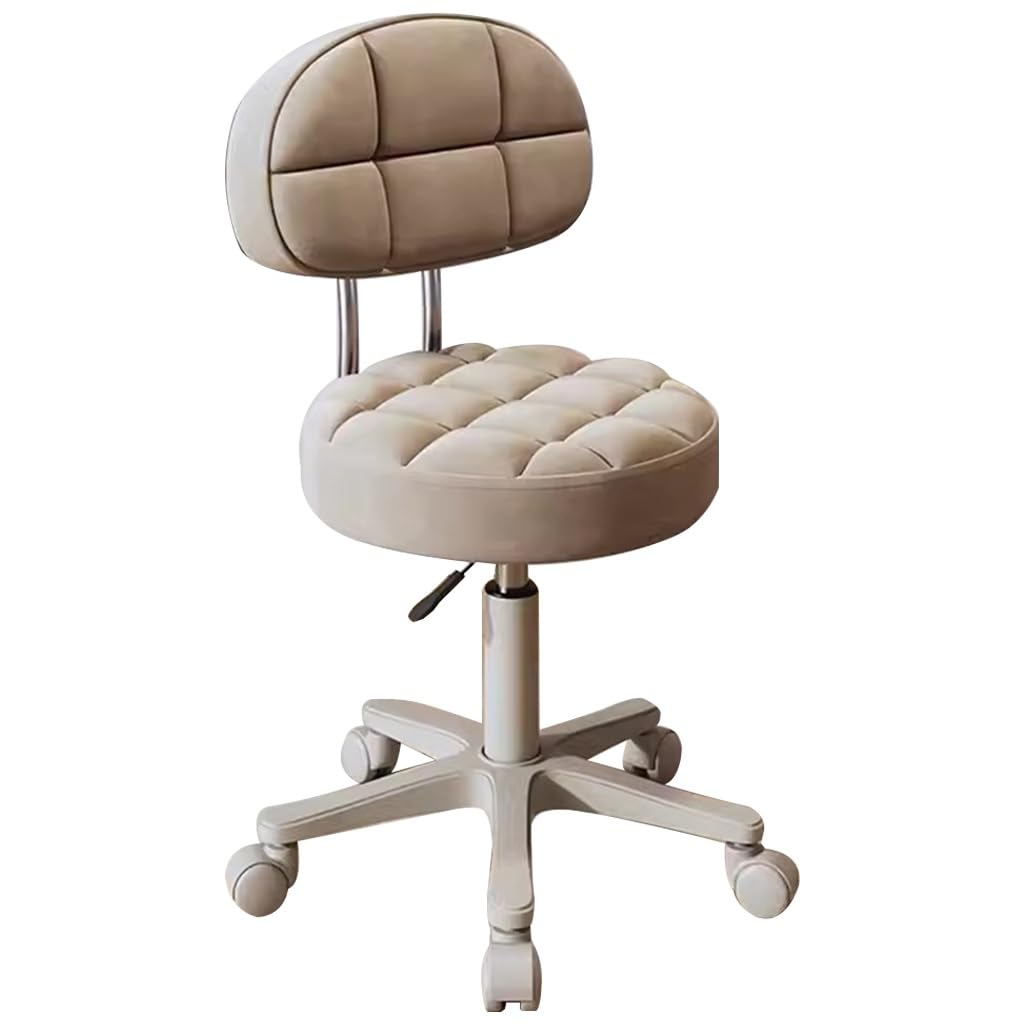 OZBMA Adjustable Barber Chair with Wheels - Swivel Makeup for Bedroom, Living Room & Vanity Stools Comfortable Backrest Desk Use (Khaki W/Backrest)
