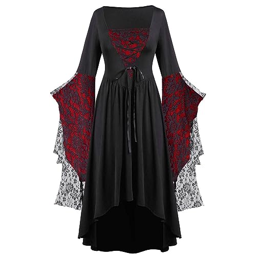 Generisch Halloween Kostüm Damen Gothic Kleid Mittelalter Gebundene Taille Hexenkostüm Vampir Renaissance Trompetenärmel Korsett Erwachsene...