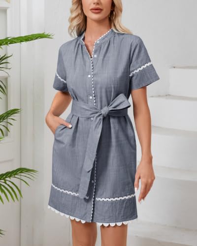 Image of Women's Summer Shirt Dress Short Sleeve Button Down Mini Tie Waist Belted Tunic with Pockets RIC Rac Trim