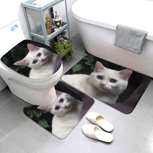 Dwrepo White Cat Print Bathroom Rug Set 3 Piece with Non-Slip U-Shaped Contour Mat and Toilet Lid Cover for Bathroom Decoration