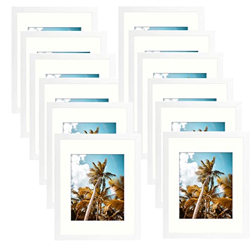Image of Frametory, 11x14 Picture Frame with Mat for 8x10 Photo - High Definition Glass Wide Molding - Preinstalled Wall Mounting Hardware (White, 12 Pack)