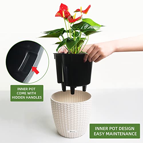 Dexceder 9X8 Inches Rattan Self Watering Planter Indoor Outdoor, Inner Pot Design, Thickened Table Flower Plant Pot With Water Level Indicator (Ivory White) #TOP3